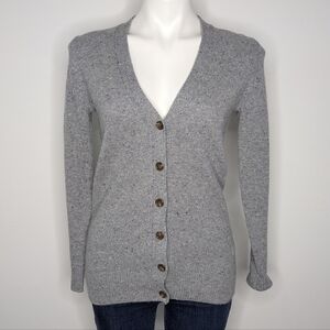 J Crew Grey Blue Speckled Merino Wool V Neck Button Up Cardigan Sweater XXS